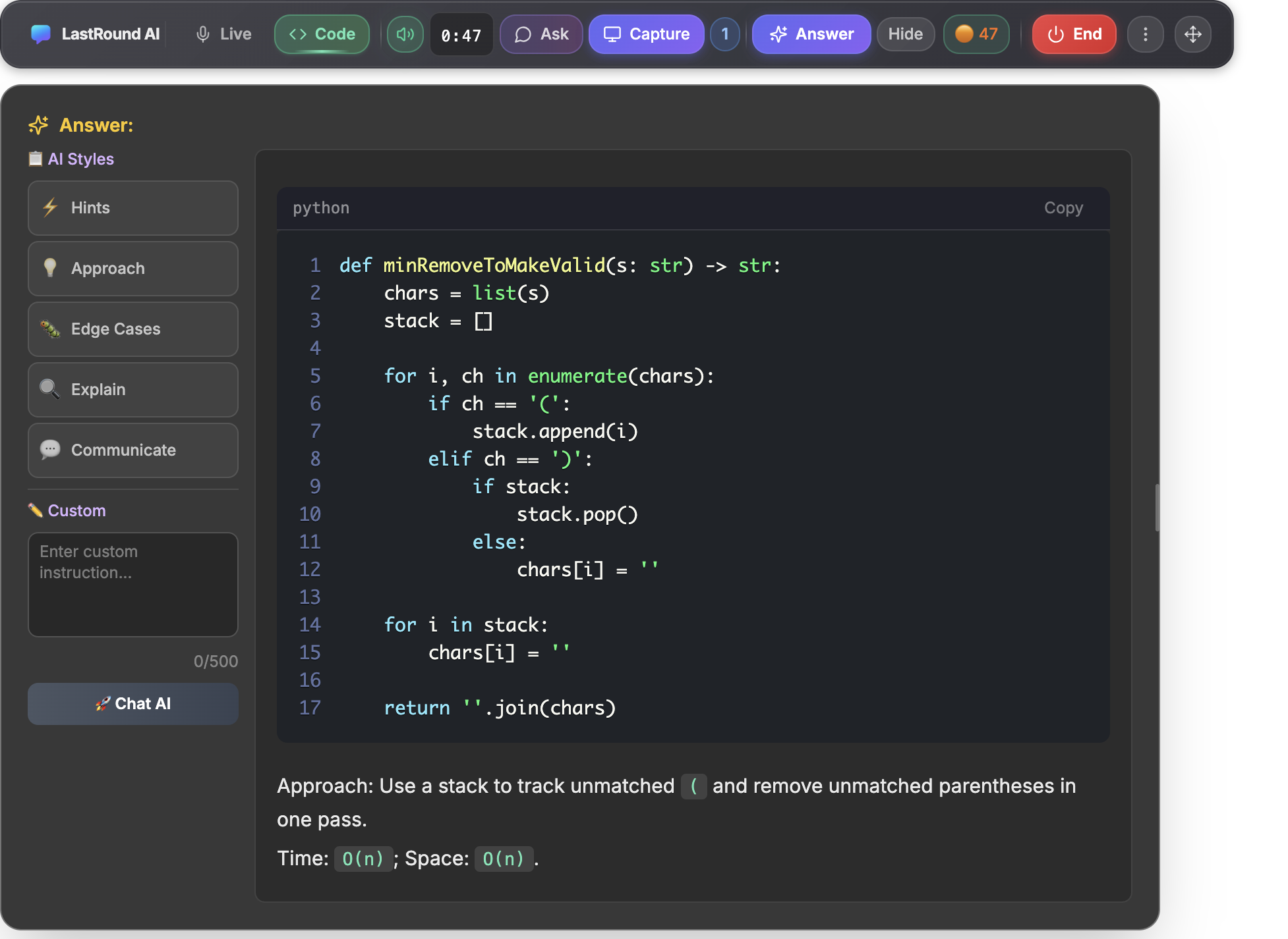 A Code mode answer streamed for a captured problem, showing a Python solution alongside the AI Styles panel with Hints, Approach, Edge Cases, Explain, Communicate and Custom