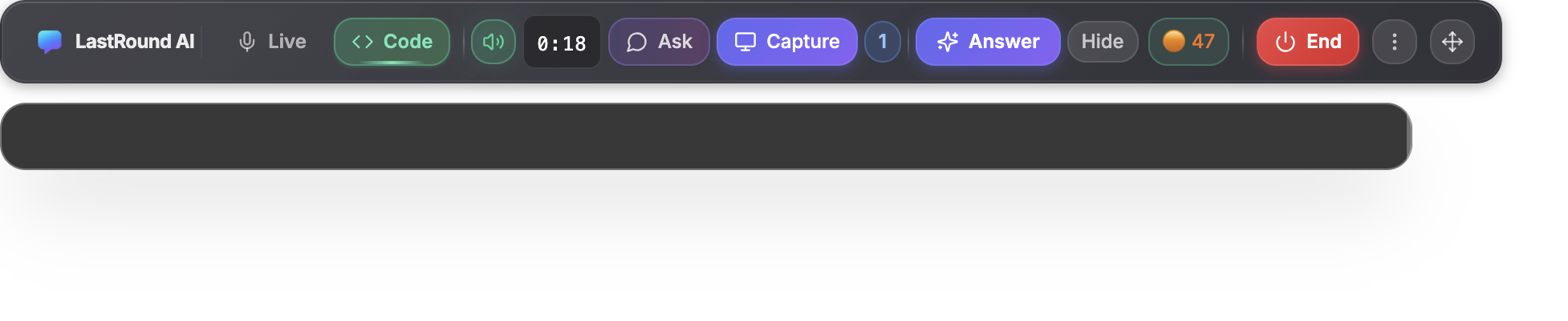A Code mode session with one screenshot queued, showing the count badge beside Capture and the Answer button enabled