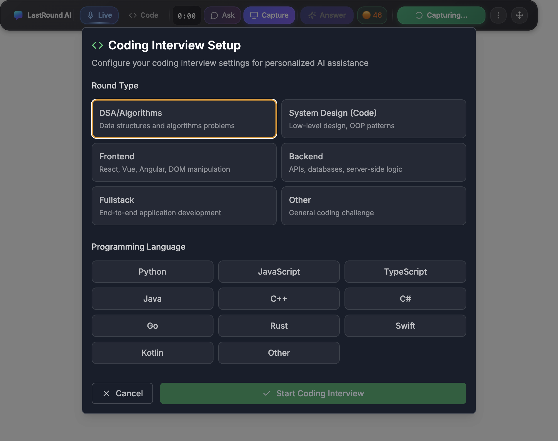 The Coding Interview Setup dialog showing Round Type options DSA/Algorithms, System Design (Code), Frontend, Backend, Fullstack and Other, and Programming Language options, with Cancel and Start Coding Interview buttons