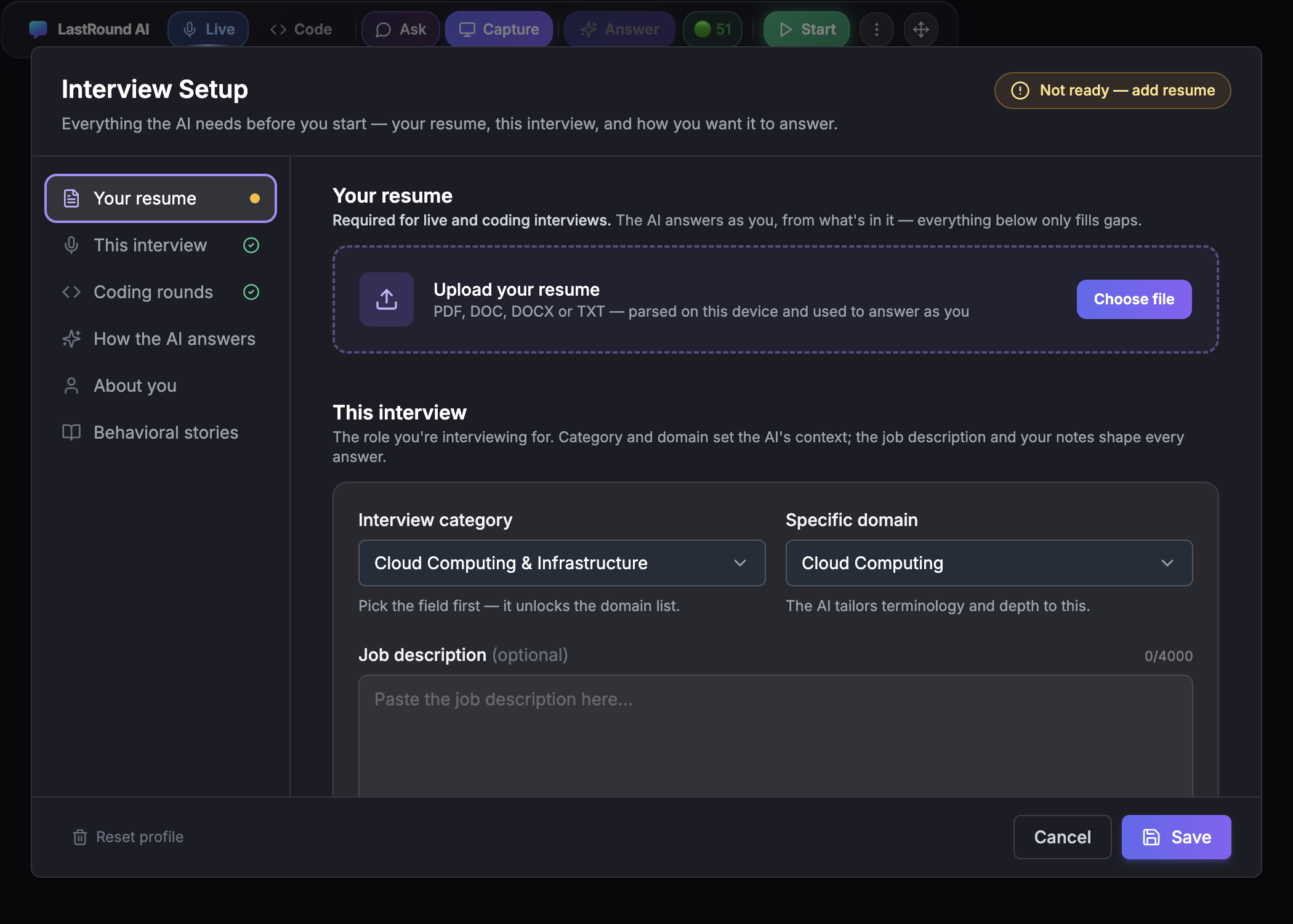 The Interview Setup dialog with no resume uploaded: a dashed Upload your resume box with a Choose file button, an amber dot next to Your resume in the section list, and the header pill reading Not ready, add resume