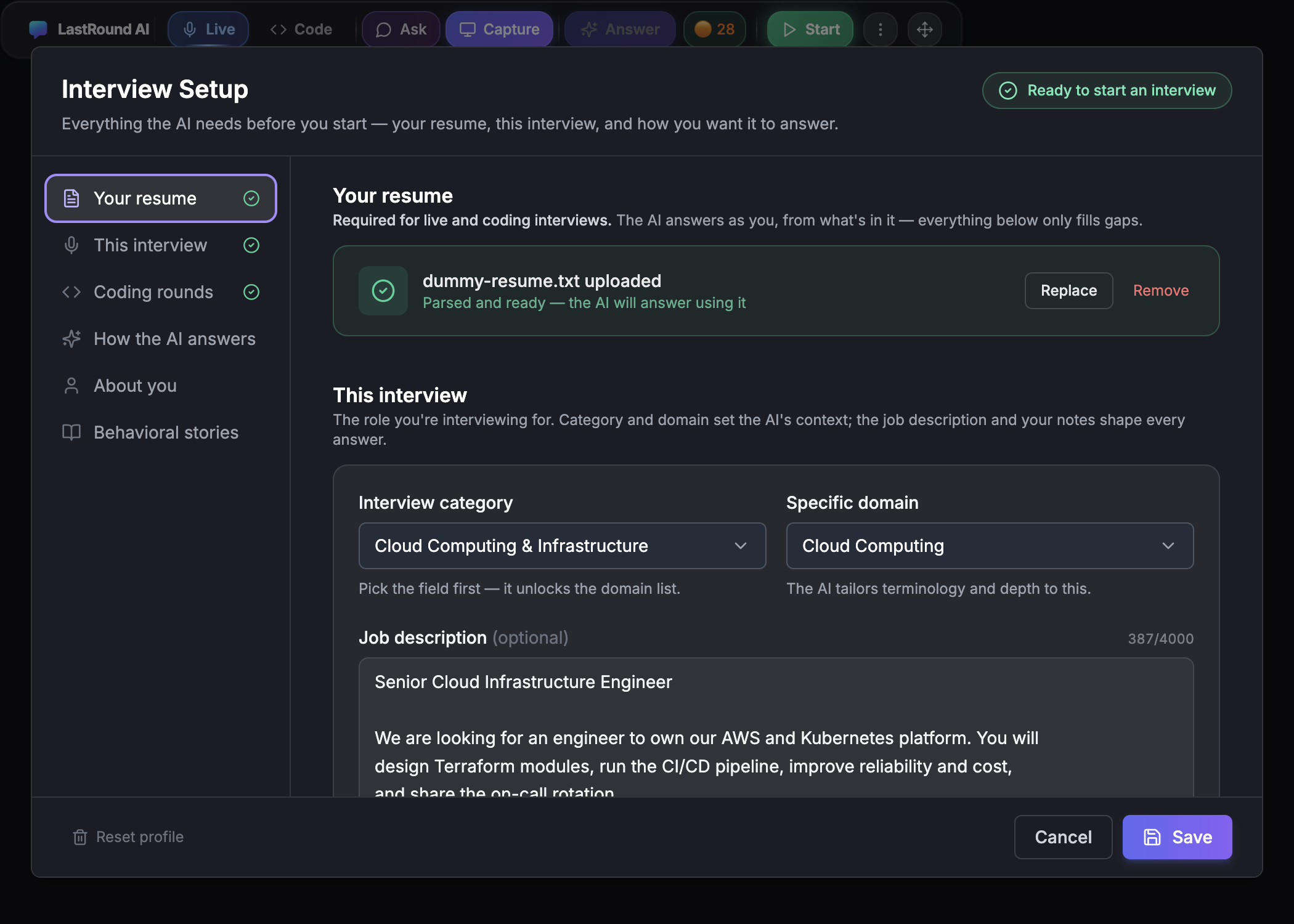 The Interview Setup dialog with the six sections on the left, a resume named resume-A.txt uploaded, Cloud Computing and Infrastructure chosen as the category, Cloud Computing as the domain, a job description pasted, and a green Ready to start an interview pill in the header