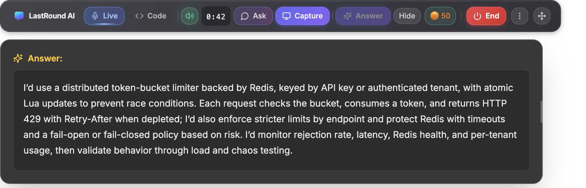 A running Live session with the answer panel expanded, showing a streamed spoken-style answer under the toolbar