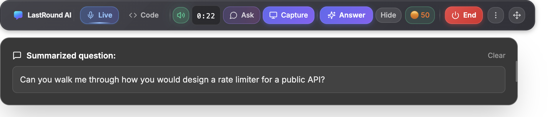 A running Live session: the toolbar shows a timer at 0:22, Answer lit up and a red End button, and the panel below shows Summarized question: Can you walk me through how you would design a rate limiter for a public API?