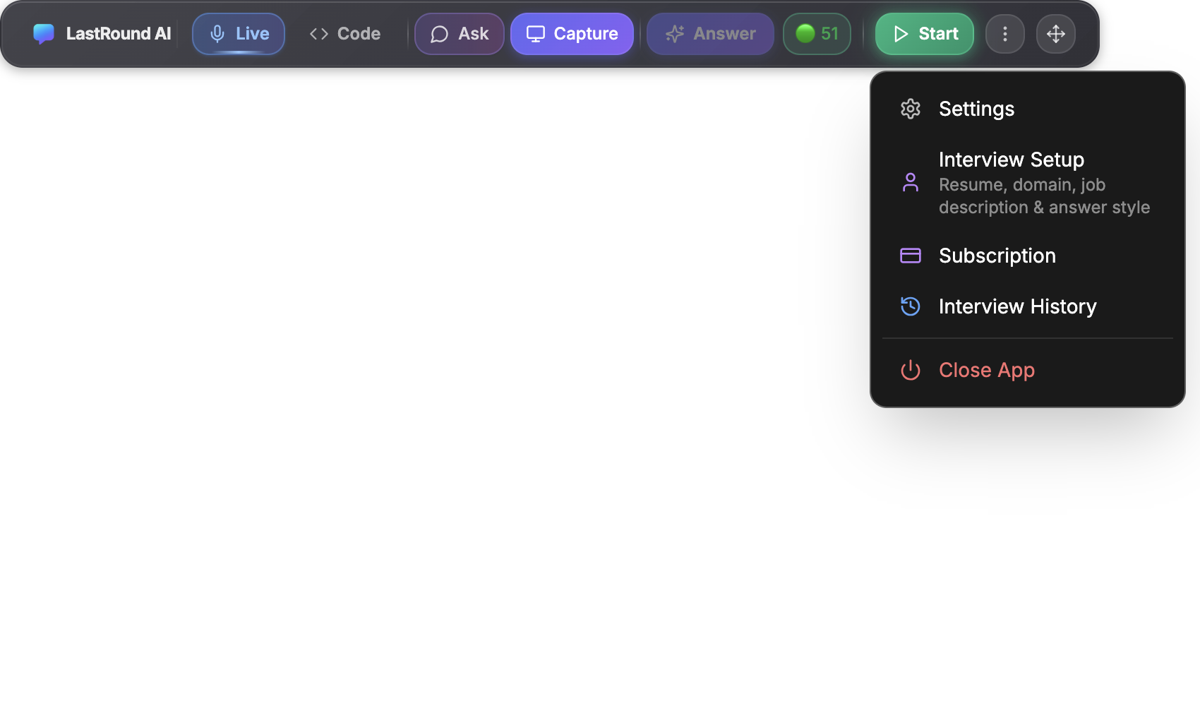 The overlay toolbar with the three-dot menu open, listing Settings, Interview Setup with the subtitle Resume, domain, job description and answer style, Subscription, Interview History and Close App