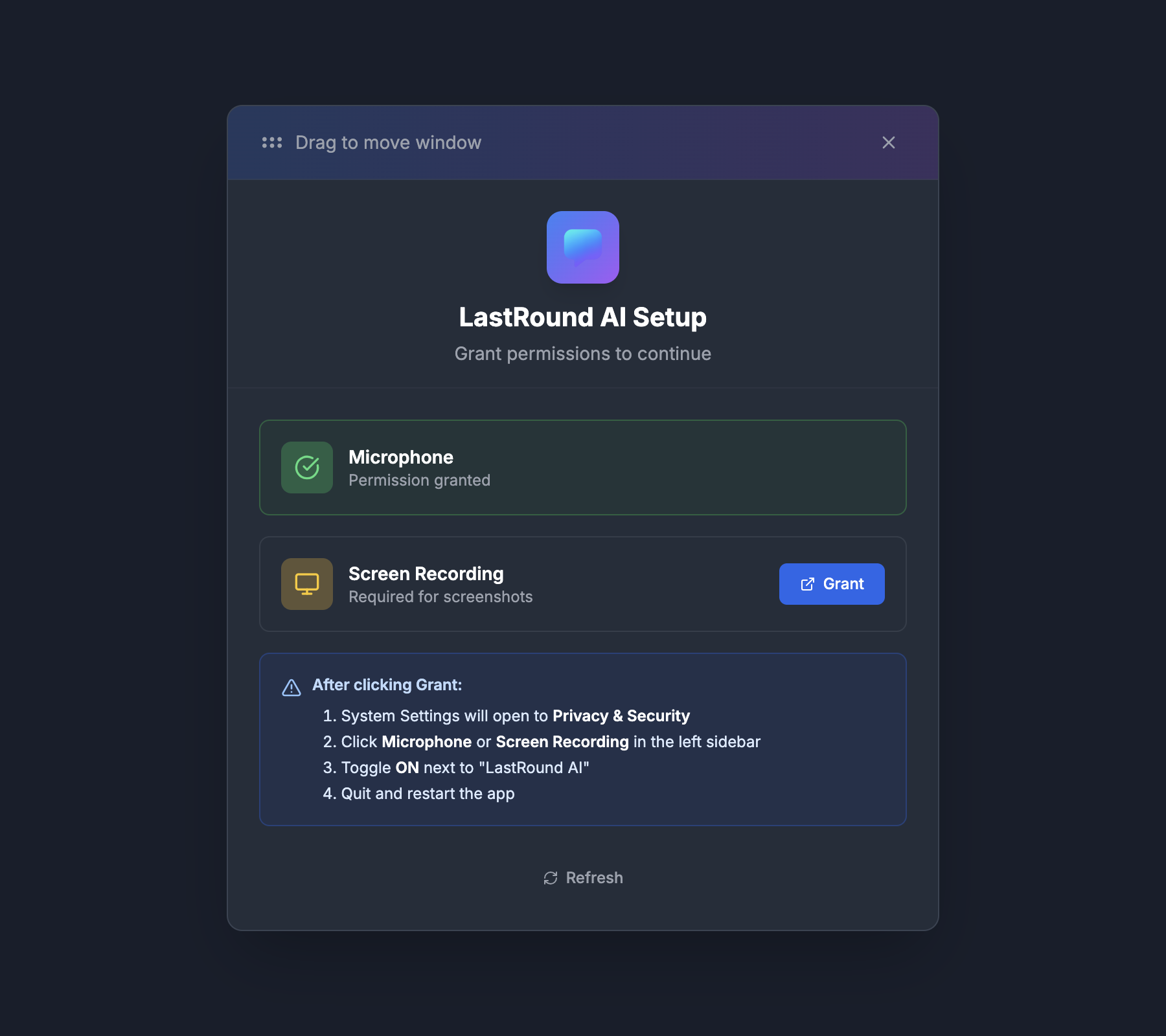 The desktop app's permission screen listing the microphone and screen recording permissions with their current status and a re-check button