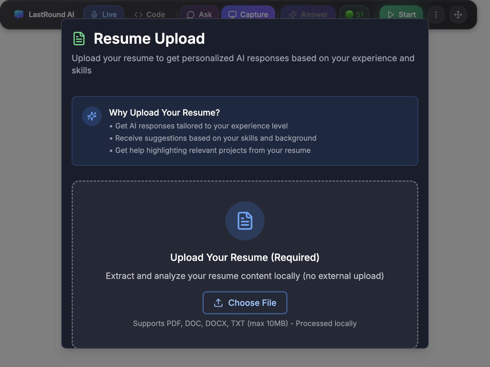 The Resume Upload dialog that appears when a session is started without a resume, with a Why Upload Your Resume box, an Upload Your Resume (Required) drop zone and a Choose File button