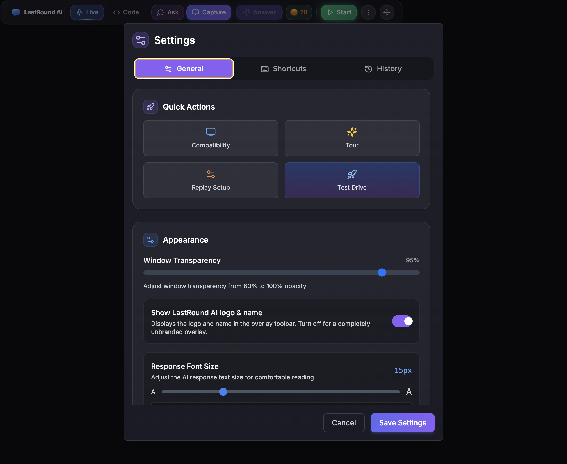 The Settings dialog on the General tab showing the Quick Actions grid with Compatibility, Tour, Replay Setup and Test Drive, and Cancel and Save Settings buttons