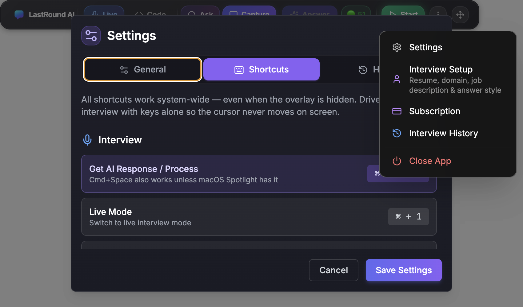 The Settings dialog on the Shortcuts tab, showing Get AI Response / Process and Live Mode with their key combinations and a note that all shortcuts work system-wide even when the overlay is hidden