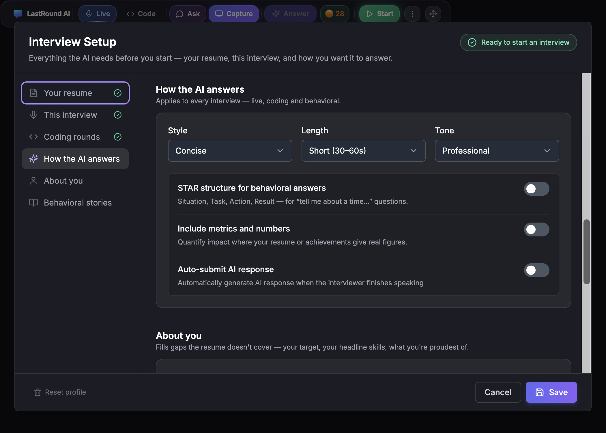 The How the AI answers section showing Style, Length and Tone selects with the STAR structure, metrics and auto-submit toggles