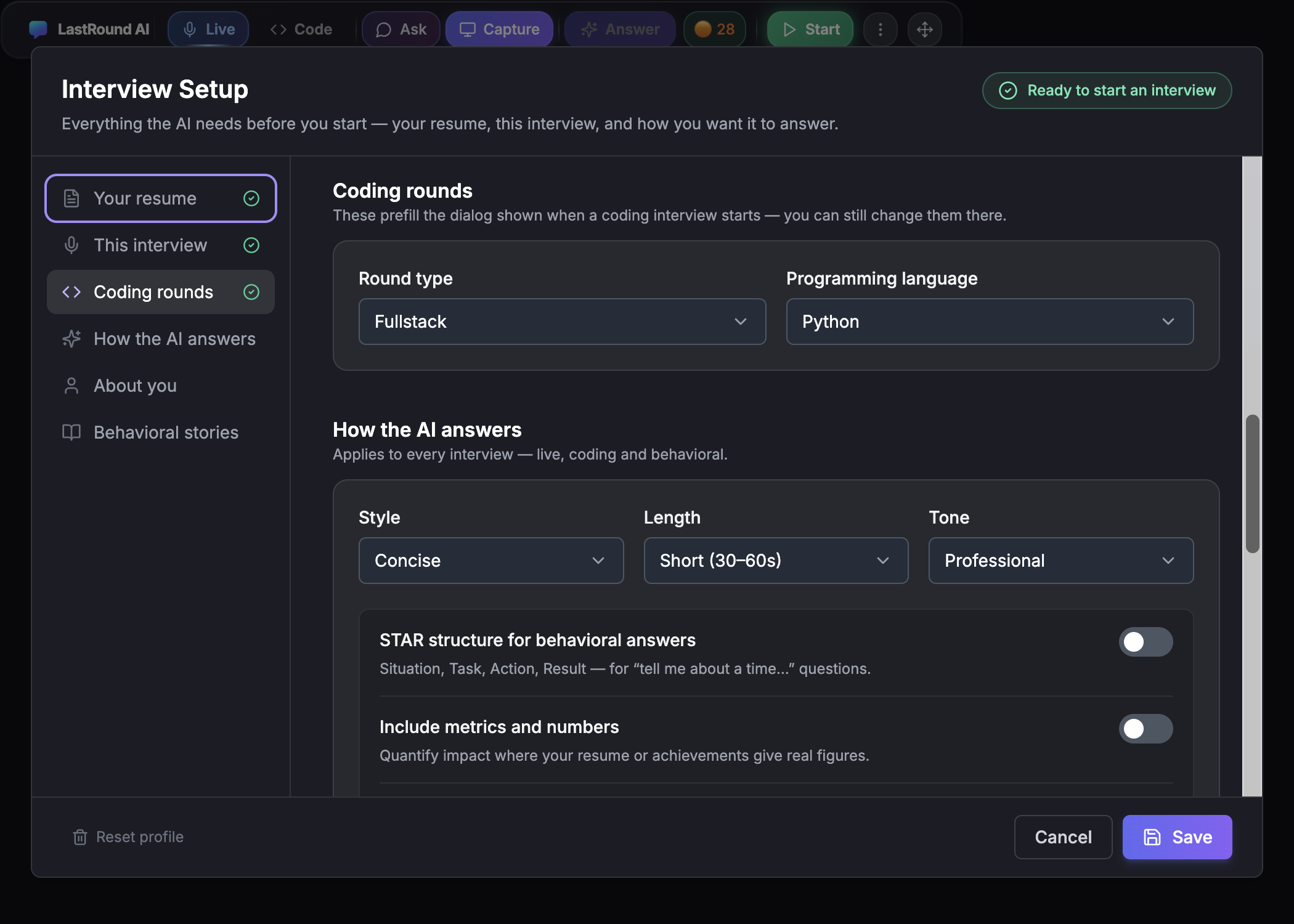 The Coding rounds section with Round type and Programming language selects