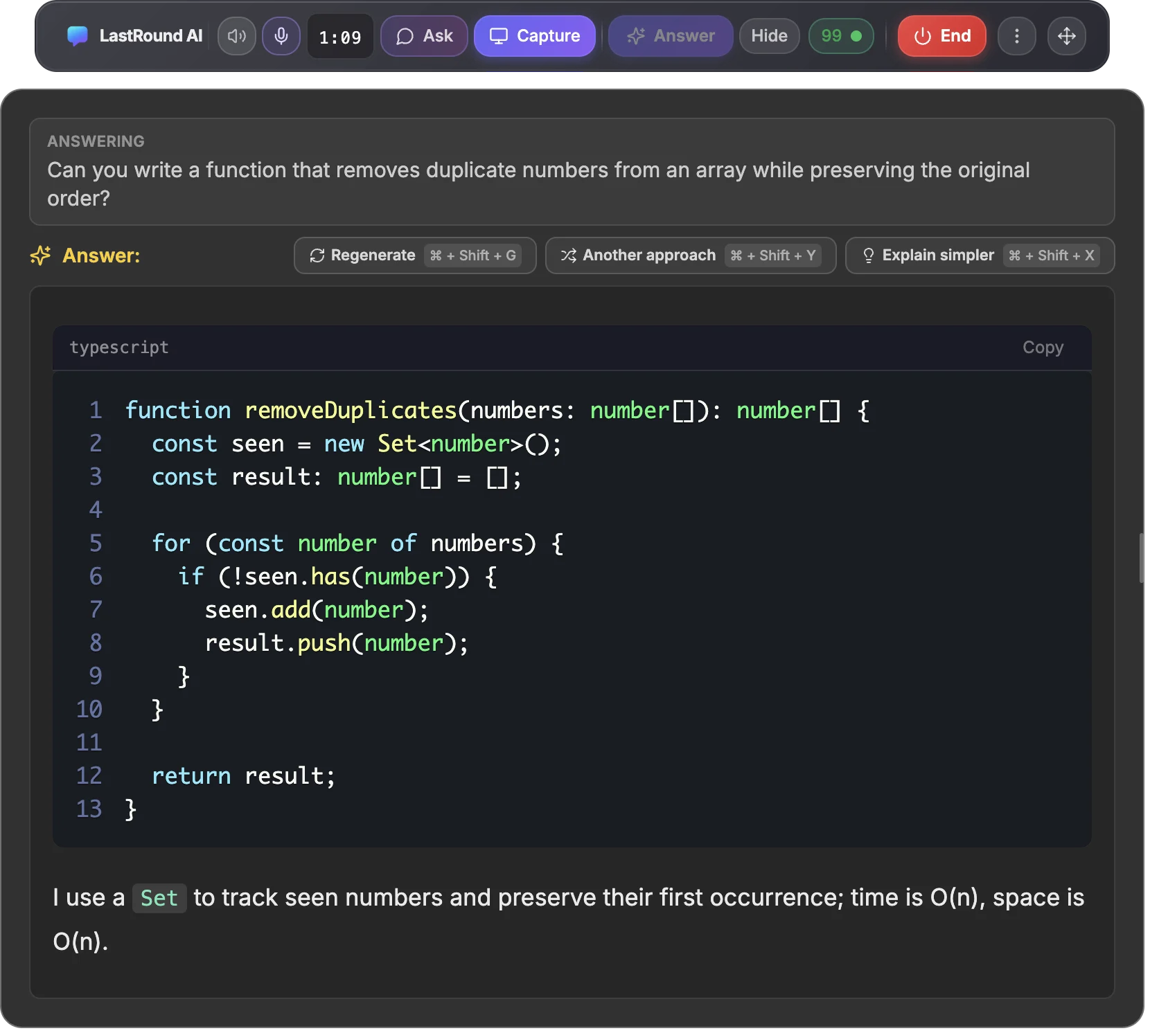 A code answer in the overlay, with the Regenerate, Another approach and Explain simpler buttons above it, each showing its shortcut