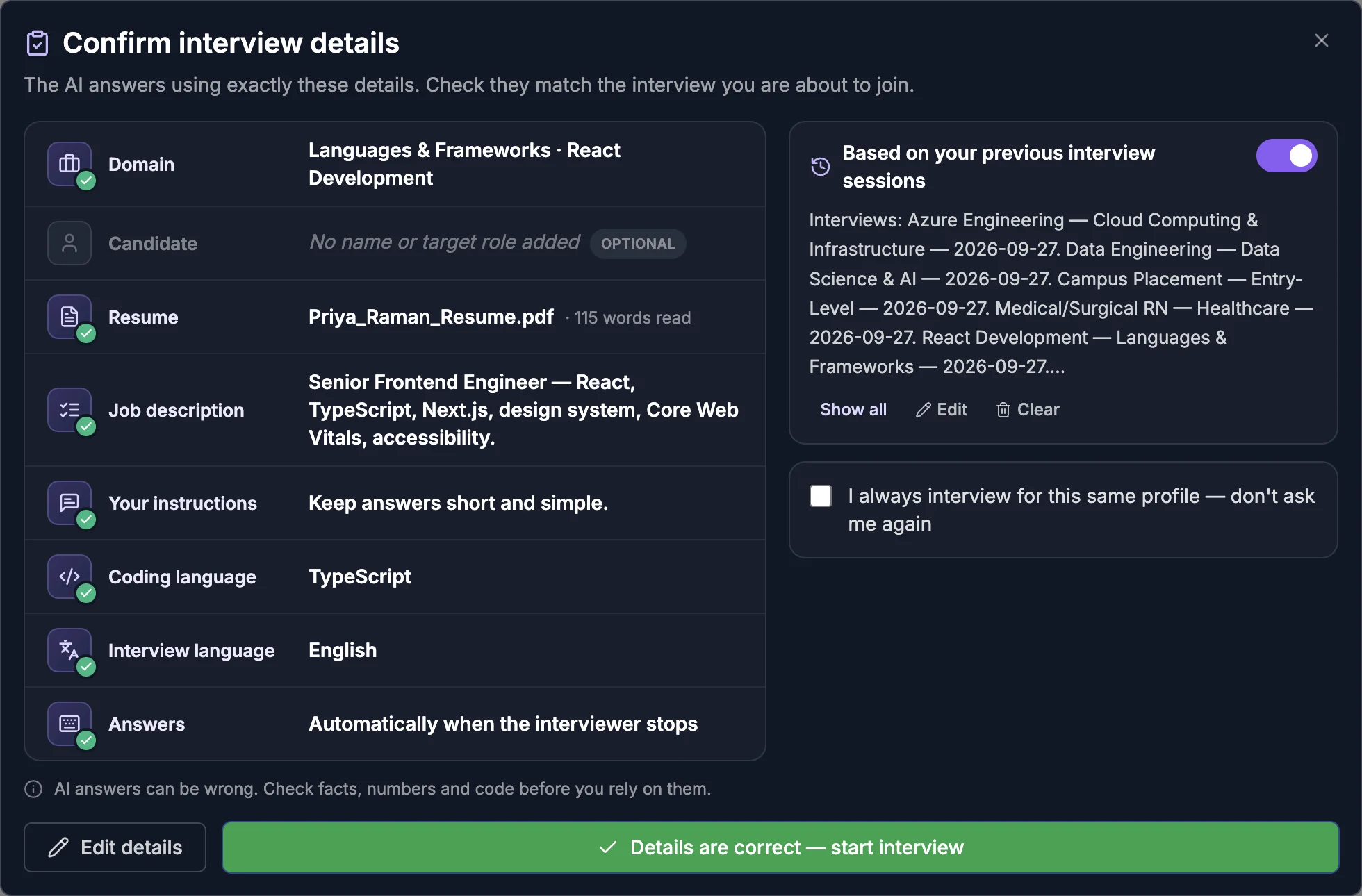 The Confirm interview details screen listing Domain, Candidate, Resume, Job description, Your instructions, Interview language and Answers, a memory panel on the right, an I always interview for this same profile checkbox, and Edit details and Details are correct, start interview buttons