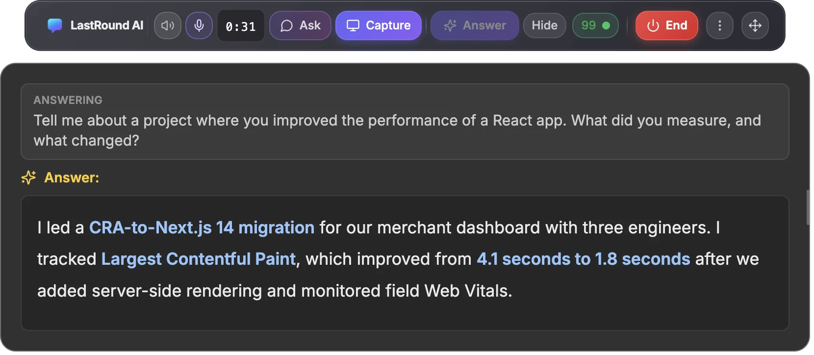 A running interview with the answer panel open under the toolbar, showing a spoken answer to a question about improving a React app's performance