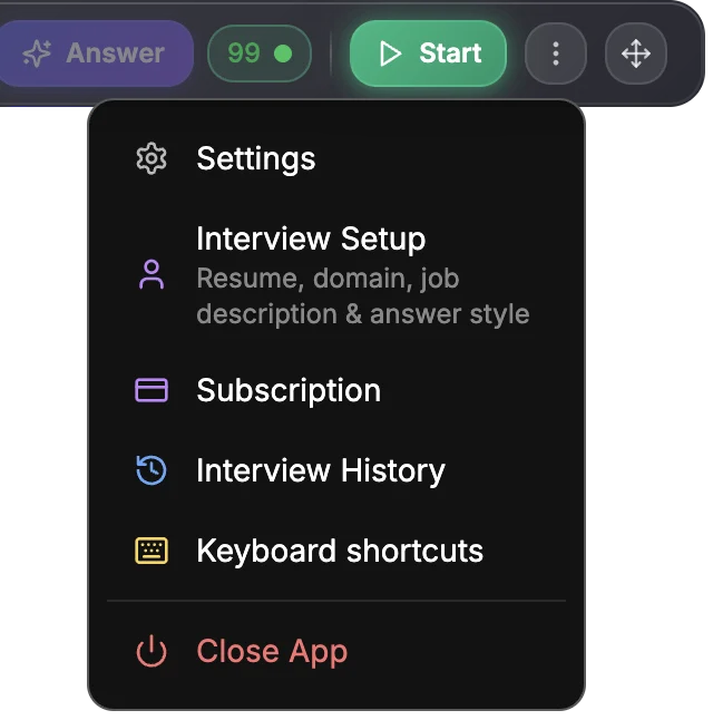 The overlay's ⋮ menu open, listing Settings, Interview Setup, Subscription, Interview History, Keyboard shortcuts and Close App