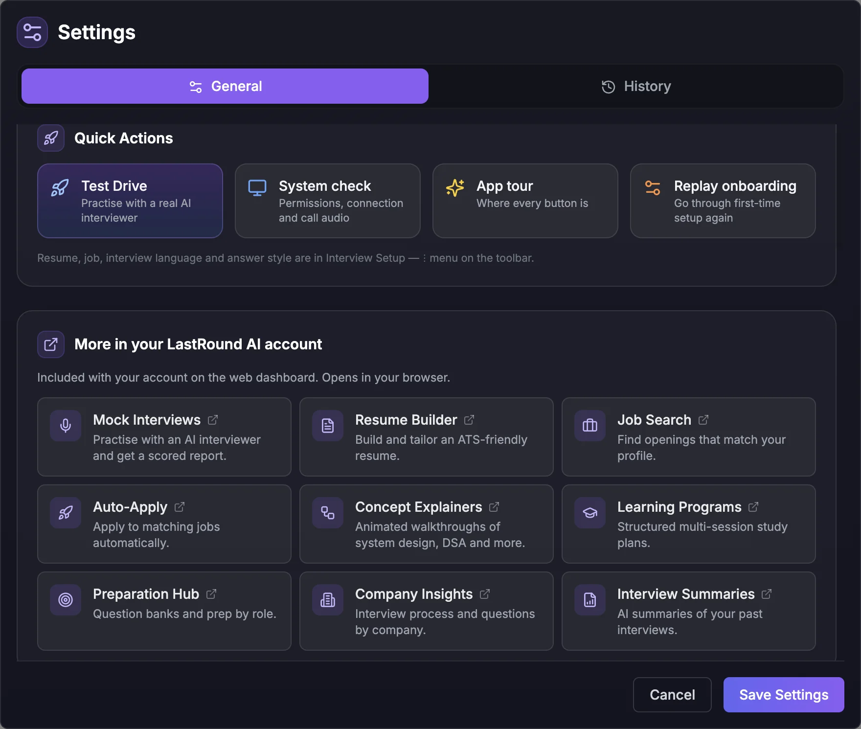 The desktop app's Settings dialog on the General tab, showing the Quick Actions grid with Test Drive, System check, App tour and Replay onboarding