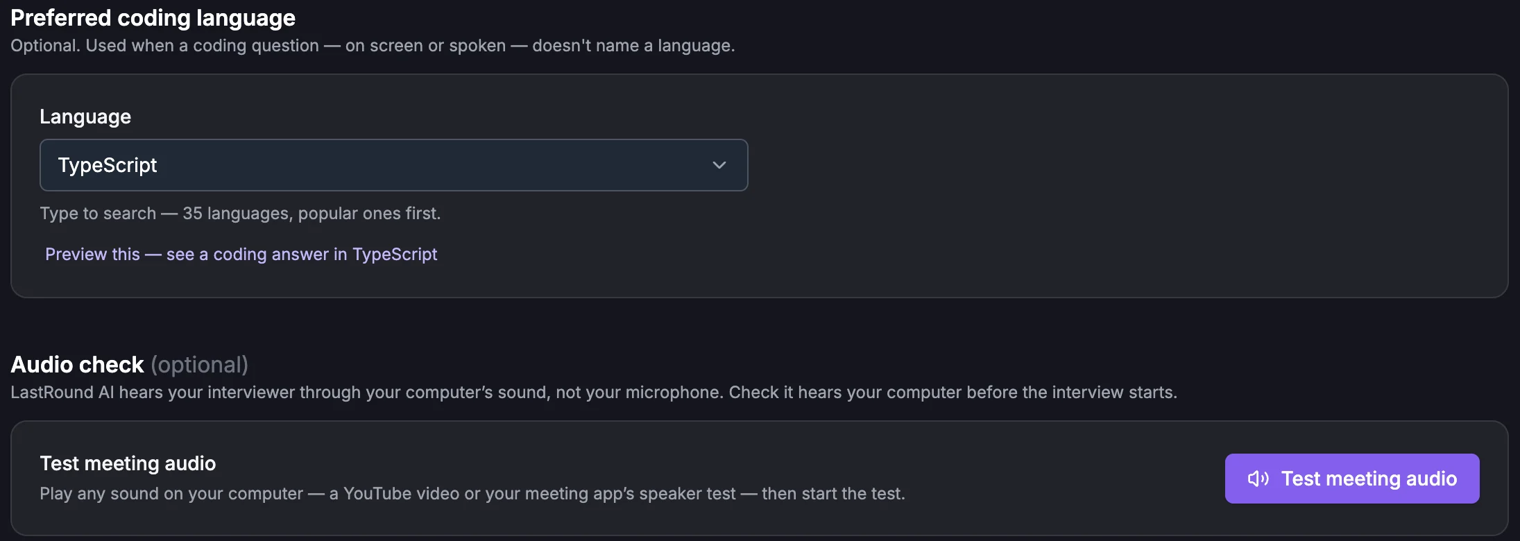 Interview Setup scrolled to Preferred coding language, with a searchable Language picker showing No preference