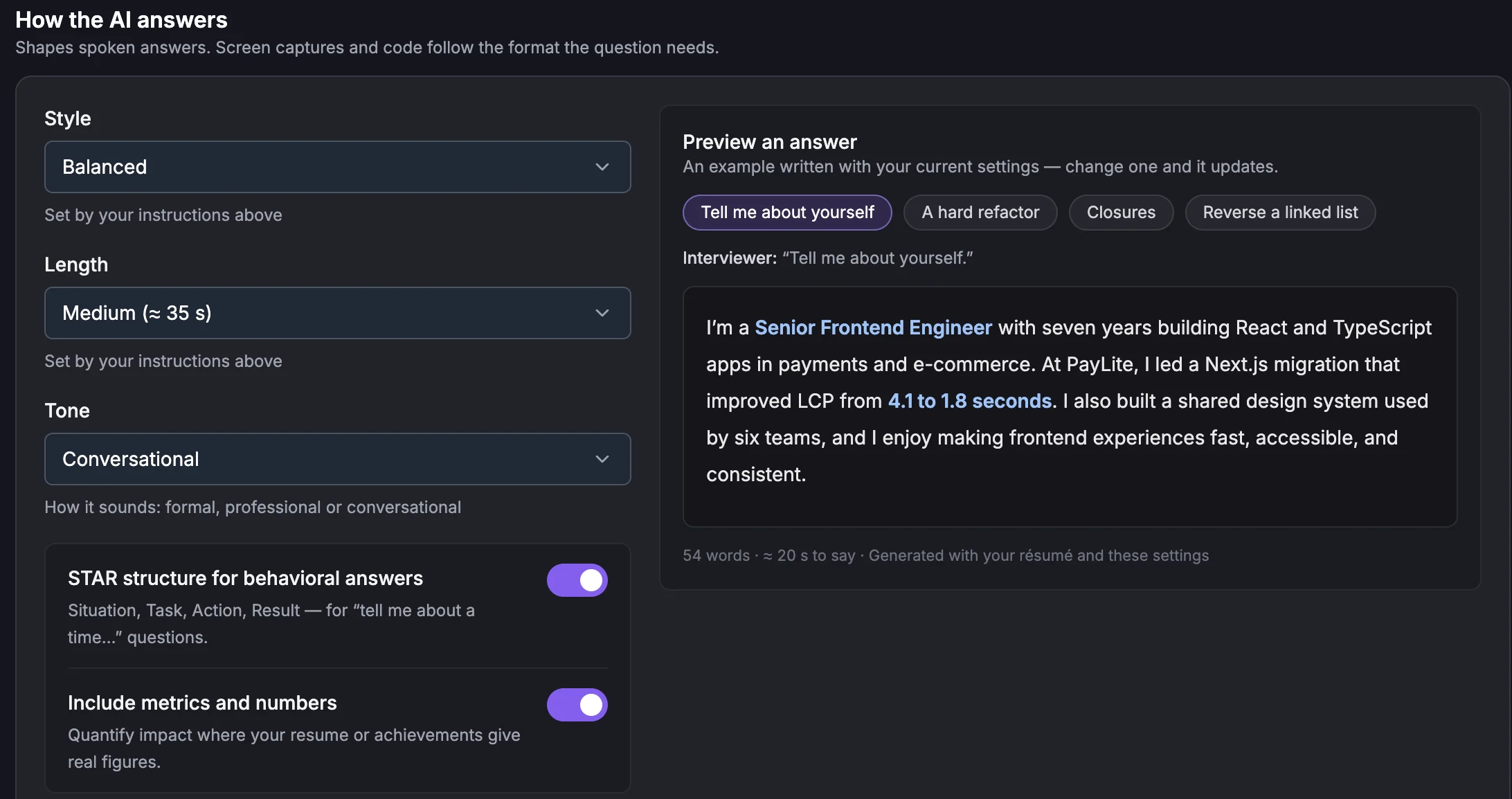 The How the AI answers card: Style, Length and Tone pickers and the STAR and metrics switches on the left, and a Preview an answer panel with an example answer on the right