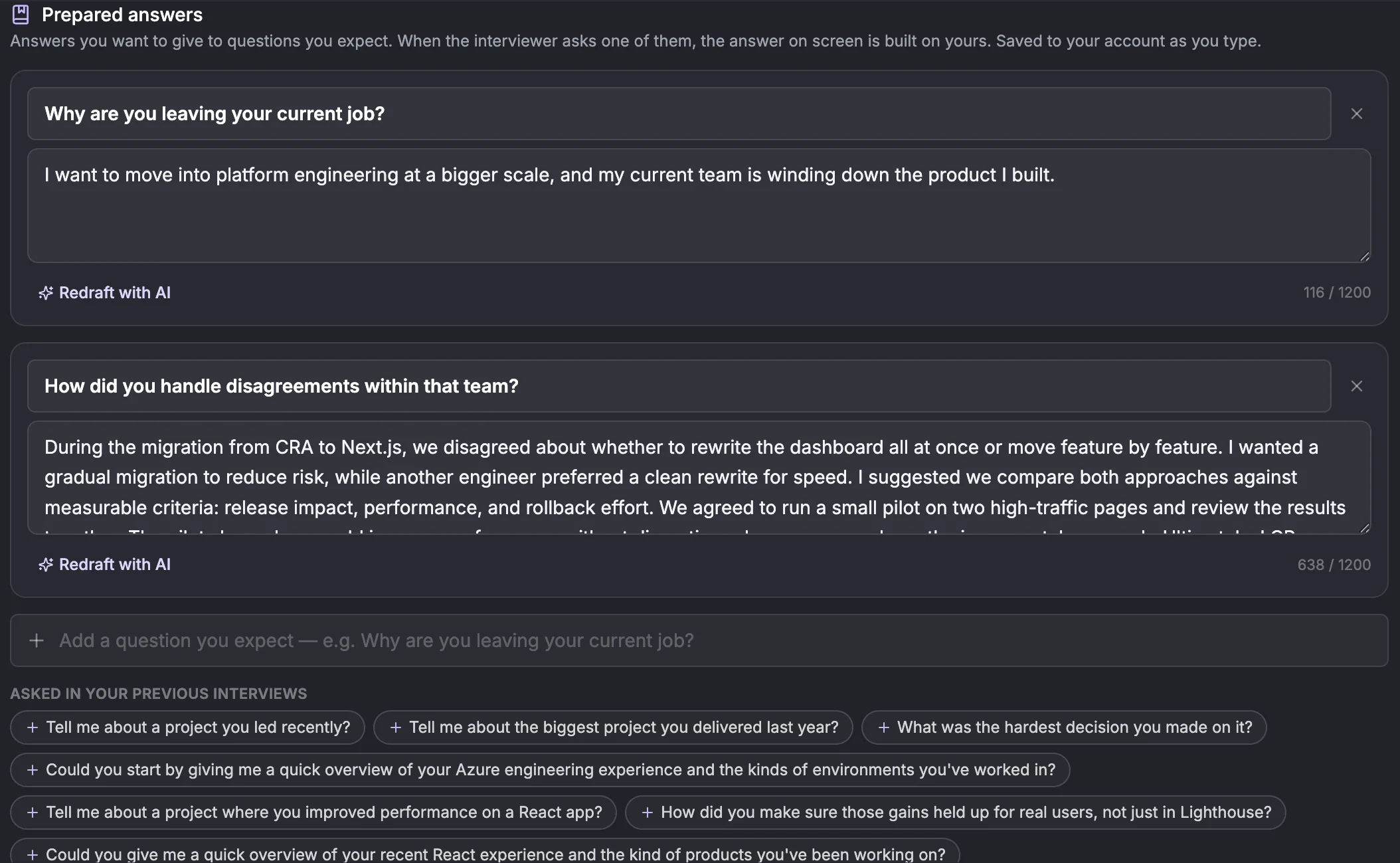 The Prepared answers card: the question Why are you leaving your current job with a one-sentence answer, a second question with a longer answer, Redraft with AI buttons, character counters out of 1200, an Add a question you expect field and suggestion chips under Asked in your previous interviews