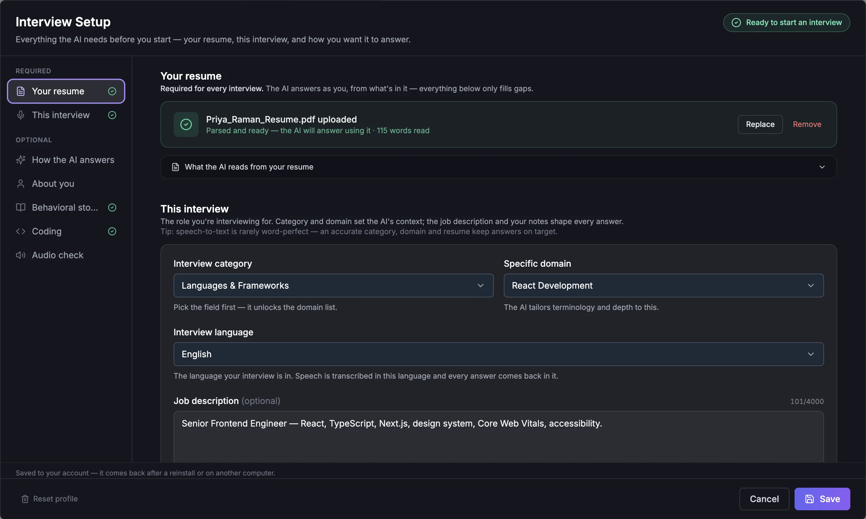 The Interview Setup window with a resume uploaded and parsed, the left menu listing the required and optional sections, and a green Ready to start an interview pill in the header