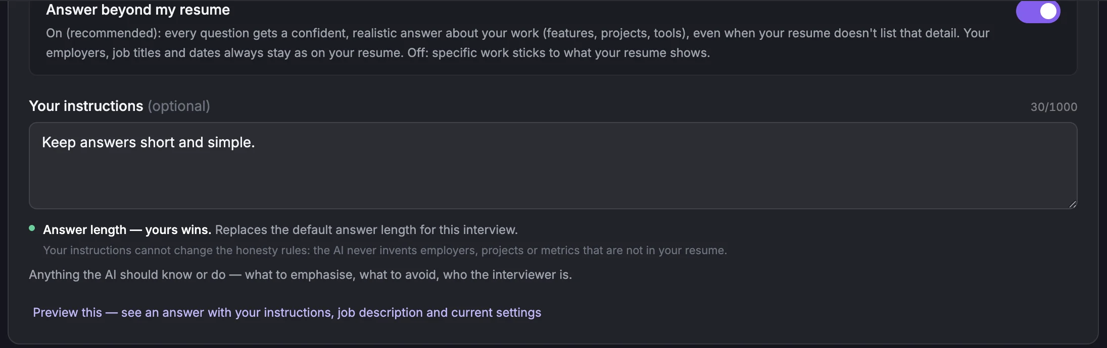 The This interview section: Interview category and Specific domain pickers, Interview language, a Job description box, the Answer beyond my resume switch turned on, and a Your instructions box