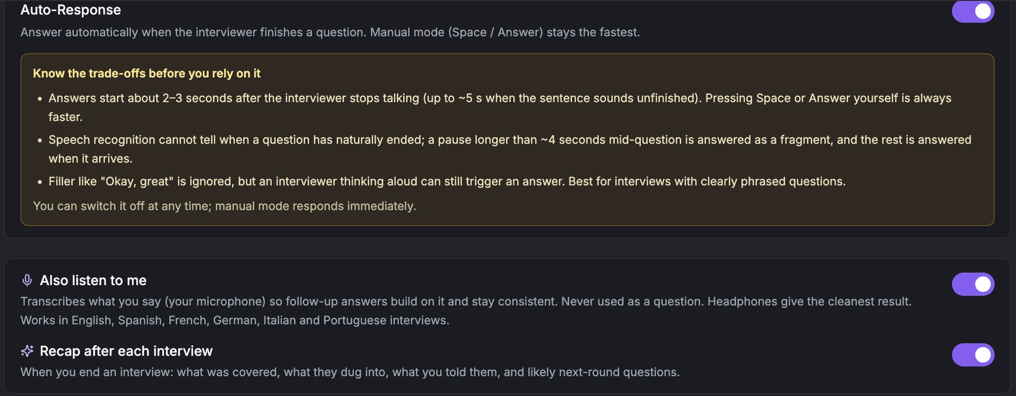 The switches below the answer settings: Auto-Response off, Also listen to me on, and Recap after each interview on