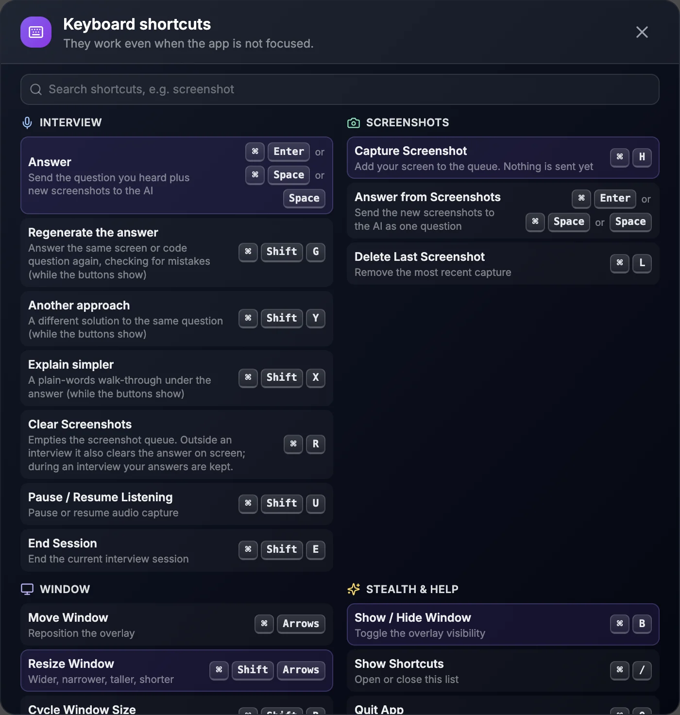 The in-app keyboard shortcuts sheet, listing the Interview, Screenshots, Window and Stealth shortcuts with their key combinations
