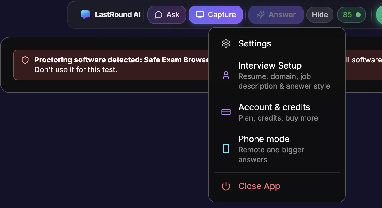 The overlay toolbar's three-dot menu open in desktop 5.3, listing Settings, Interview Setup, Account & credits, Phone mode and Close App