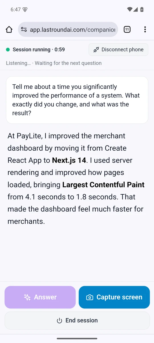 The Phone mode page on an Android phone: the session timer at the top, the interviewer's latest words, the answer in large text, and the Answer, Capture screen and End session buttons