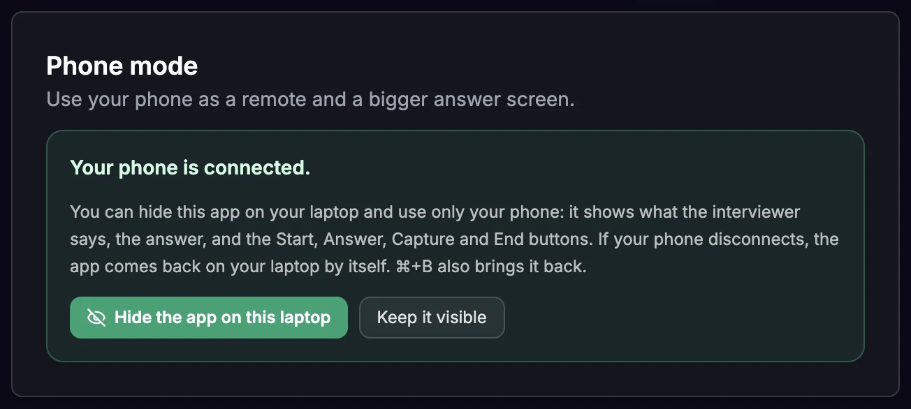 The Phone mode dialog after pairing, reading Your phone is connected, with the buttons Hide the app on this laptop and Keep it visible