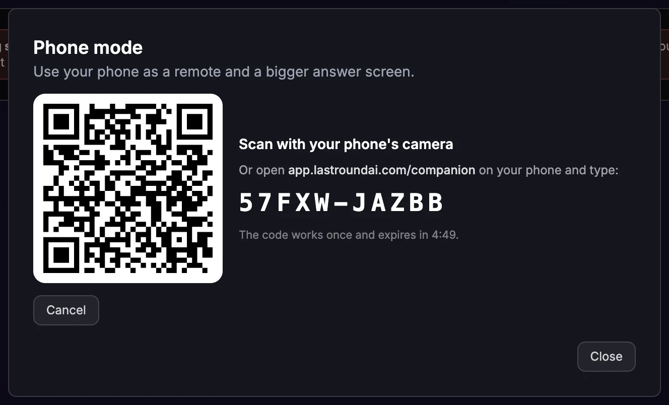 The Phone mode dialog in the desktop app with a QR code, the text Scan with your phone's camera, the companion web address and a 10-character code that expires in a few minutes