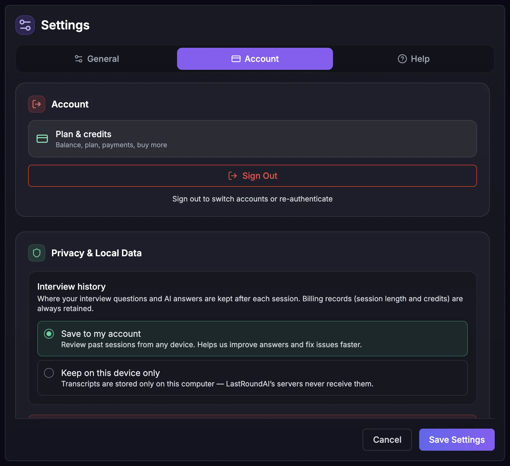 The desktop 5.3 Settings dialog on the Account tab, with a Plan & credits row, the Sign Out button and the Privacy & Local Data card
