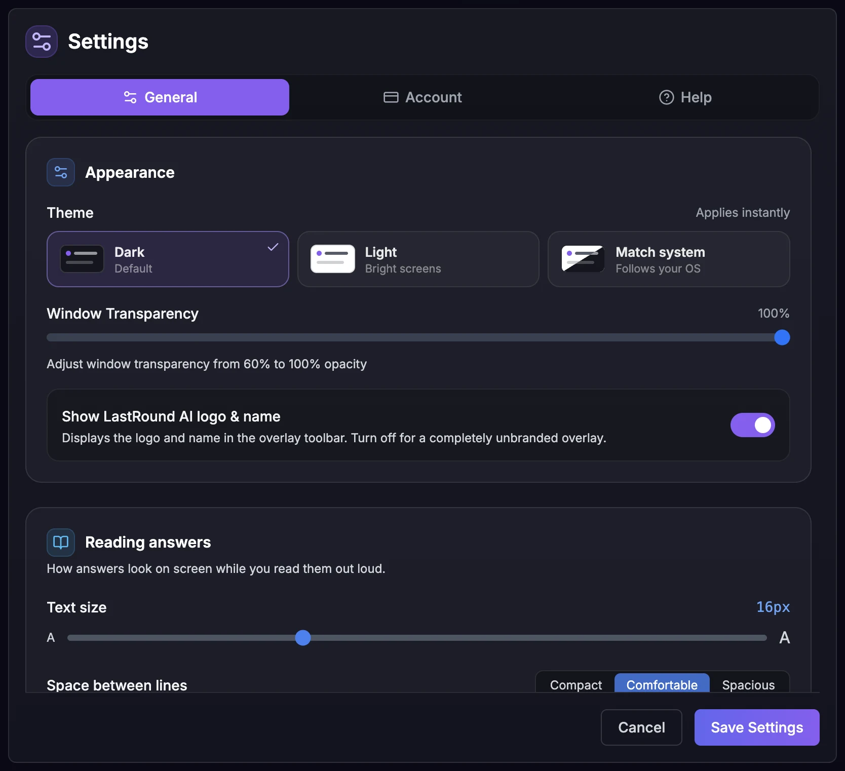 The desktop 5.3 Settings dialog on the General tab, with the General, Account and Help tabs at the top and the Appearance and Reading answers cards below