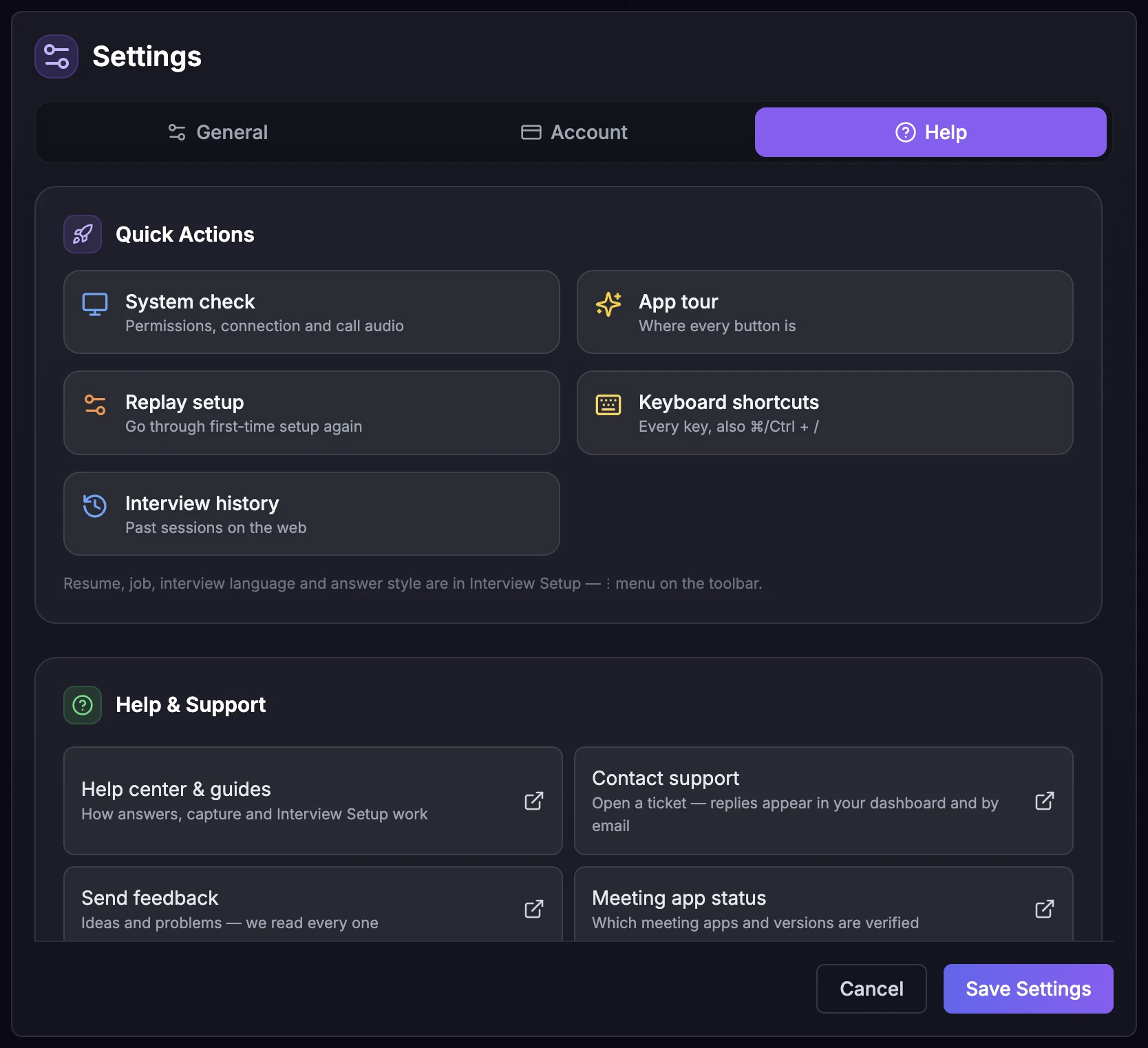 The desktop 5.3 Settings dialog on the Help tab, with Quick Actions: System check, App tour, Replay setup, Keyboard shortcuts and Interview history