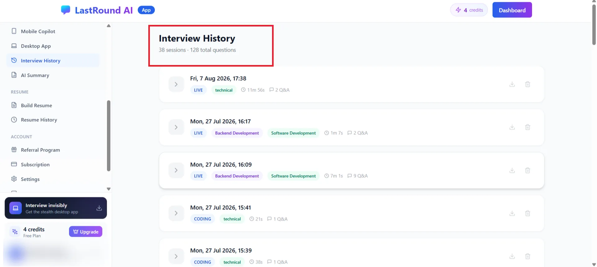 Interview History page listing past live and coding sessions with date, domain, duration and question count