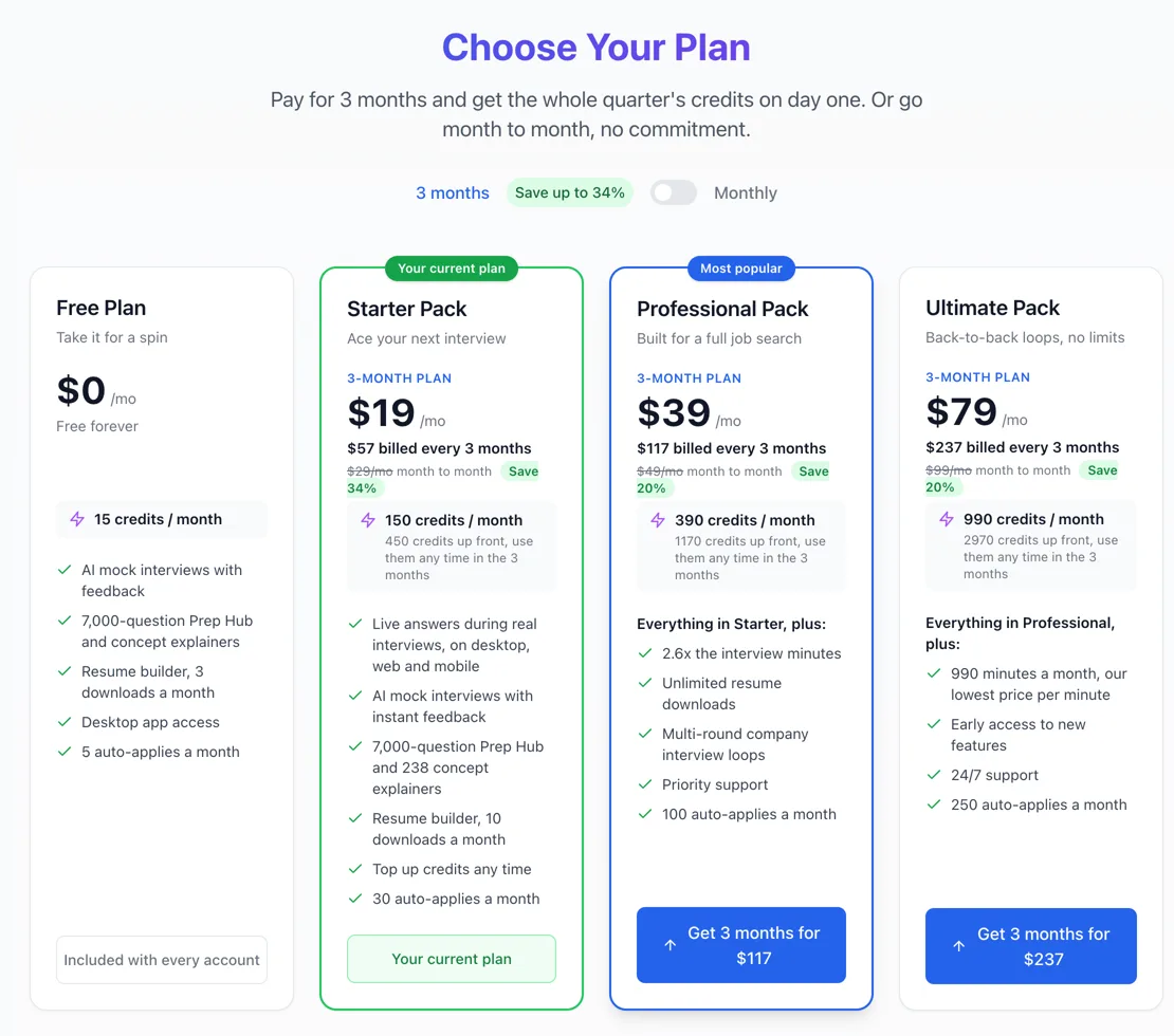 The Choose Your Plan page in the web app with the 3 months option selected, showing Free, Starter Pack, Professional Pack and Ultimate Pack cards with per-month prices, the amount billed every 3 months, and credits per month