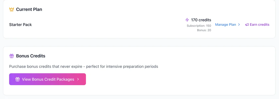 Settings, Billing tab in the web app: Current Plan shows Starter Pack with 170 credits, split into Subscription 150 and Bonus 20, next to Manage Plan and Earn credits links